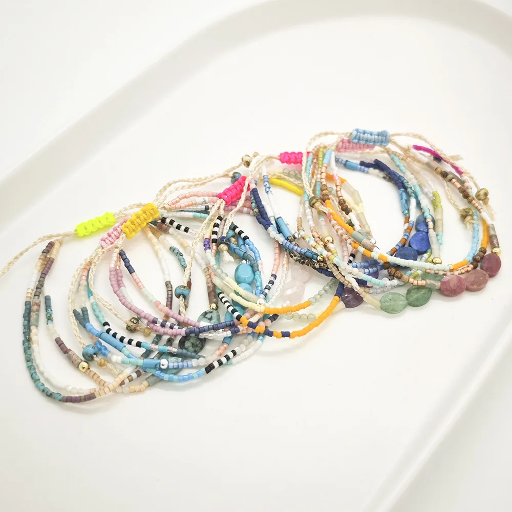 ZGMXR Rice bead bracelet Multiple layers Crystal Natural stone  Hand weaving Adjustable Woman Bohemia Fashion  Beaded bracelet