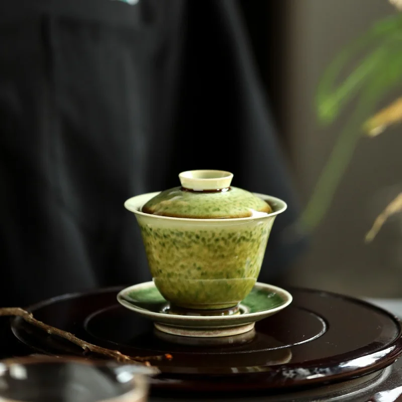 

★Mr. Qing, Jingdezhen, Soda Green Firewood Color Glaze Cover Teacup Non-Scald Tea Brewing Bowl Three-Piece Kung Fu Tea Set