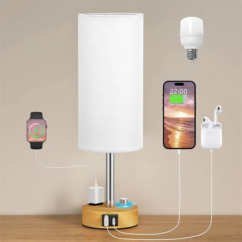 Fully Dimmable Table Lamp Small Bedside Lamp with C+A USB Ports and AC Outlets Bedroom Night Light with Dimmable Bulb Home Decor