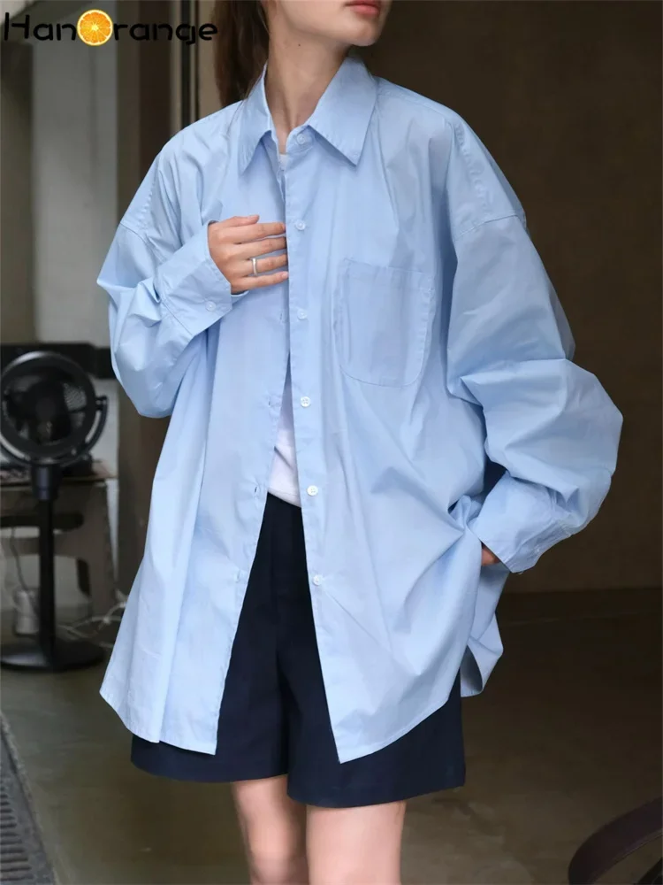 HanOrange 2024 Autumn Fashion Simple Turn Down Collar Shirt Women Loose Skin Friendly Smooth Top Blue/Red