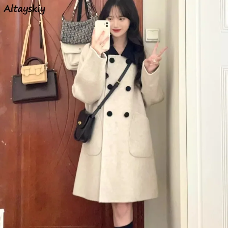 

Blends Women Korean Style Loose Warm Elegant Ins Streetwear Chic Simple Double Breasted Casual Fashion Autumn Winter Students