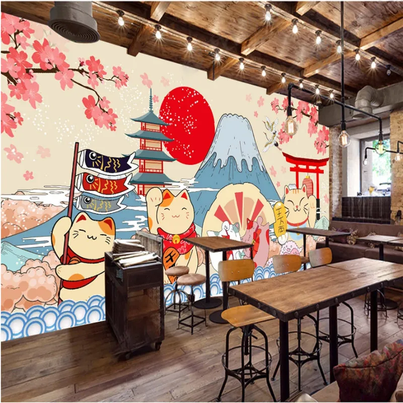 Hand-painted Cartoon Japanese Sushi Lucky Cat Industrial Decor Mural Wallpaper 3D Japanese Cuisine Sushi Restaurant Wall Paper