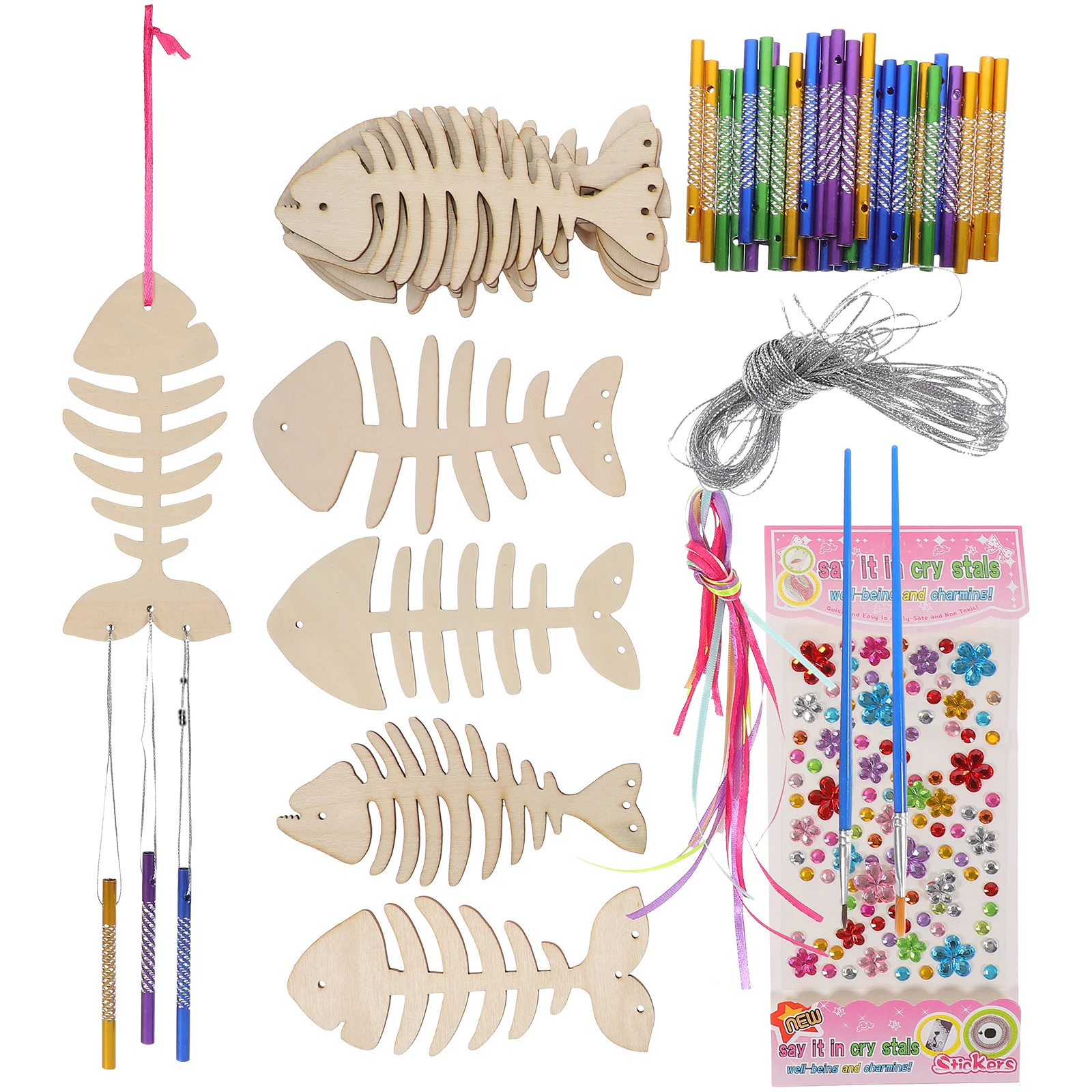 

1Set Wooden Wind Chime DIY Fish Design Blank Bell Paintable Decorative Hanging Ornament Wind Chime Kit Decorative Doodle Pendant