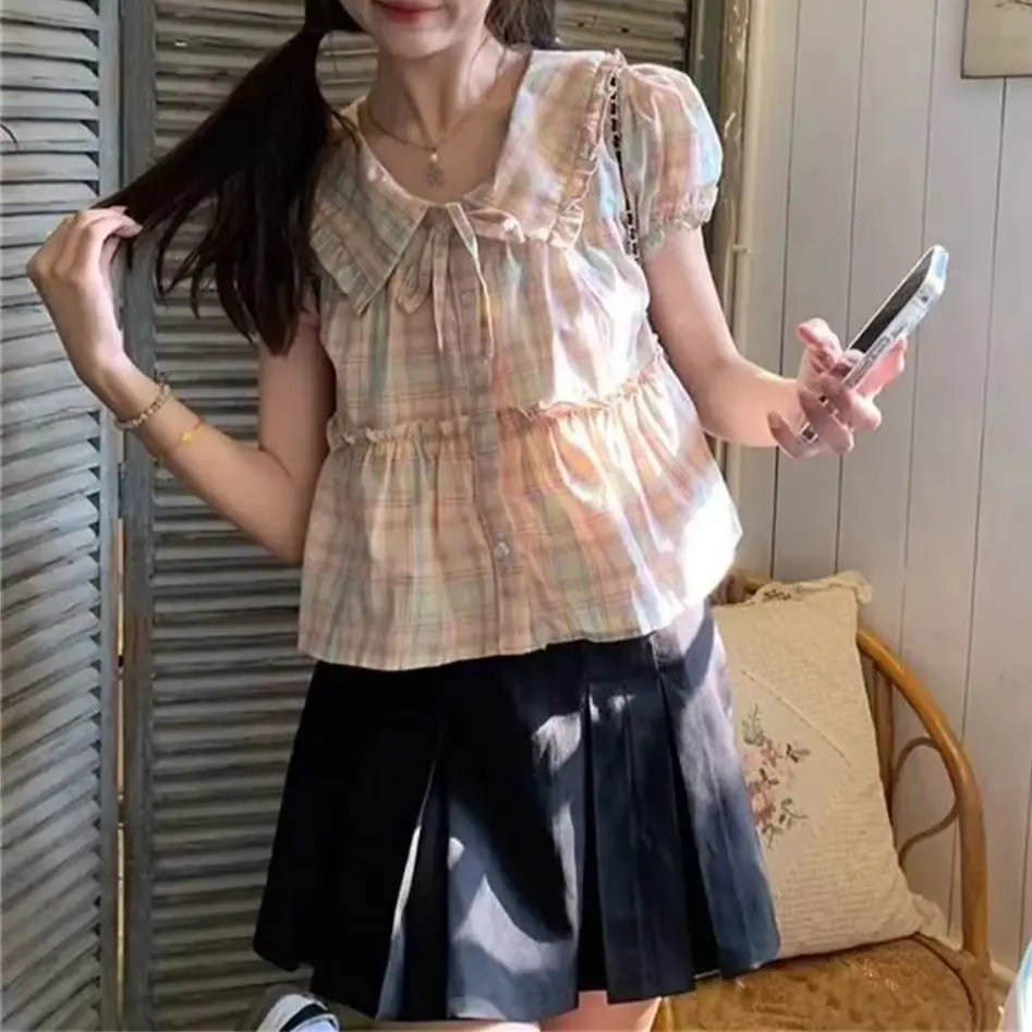 Y2K Kawaii Women Pastel Plaid Blouse Peter Pan Collar Ruffled Puff Sleeve Sweet Peplum Shirt Casual Summer Cute Aesthetic Tops