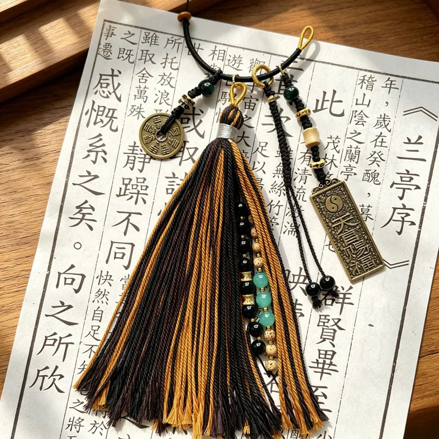 Tibetische Quaste mit Kupfermünzen und Perlen, Vajra-Stößel-Anhänger, gewebtes Lanyard, DIY-Schlüsselanhänger, Handyriemen, Taschen- und Auto-Hängeaccessoire – Detail 7