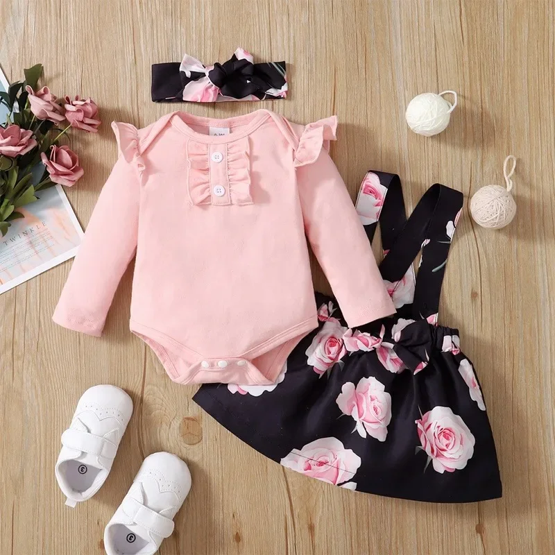 0-18 Months Baby Girl Set Solid Color Long sleeved+Flower Suspender Skirt+Headband 3pcs/Set Baby Girl Spring Autumn Fashion Set