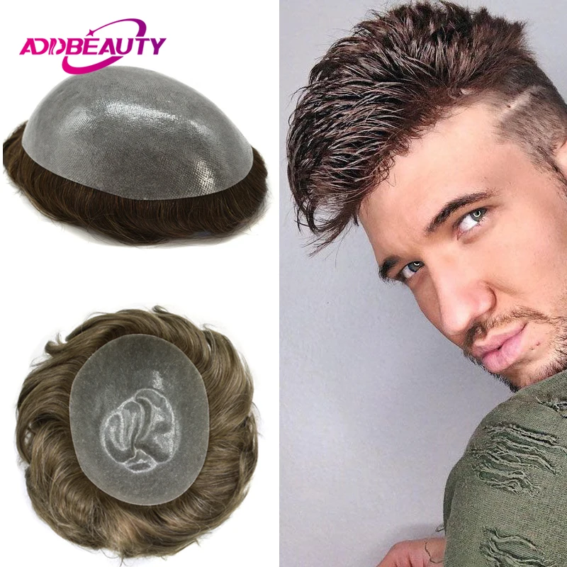 Choice Wig Man Thin Skin Men's Capillary Prothesis Full PU 0.06-0.08cm Men Toupee Indian Human Hair Wigs Wave Dark Brown Hair