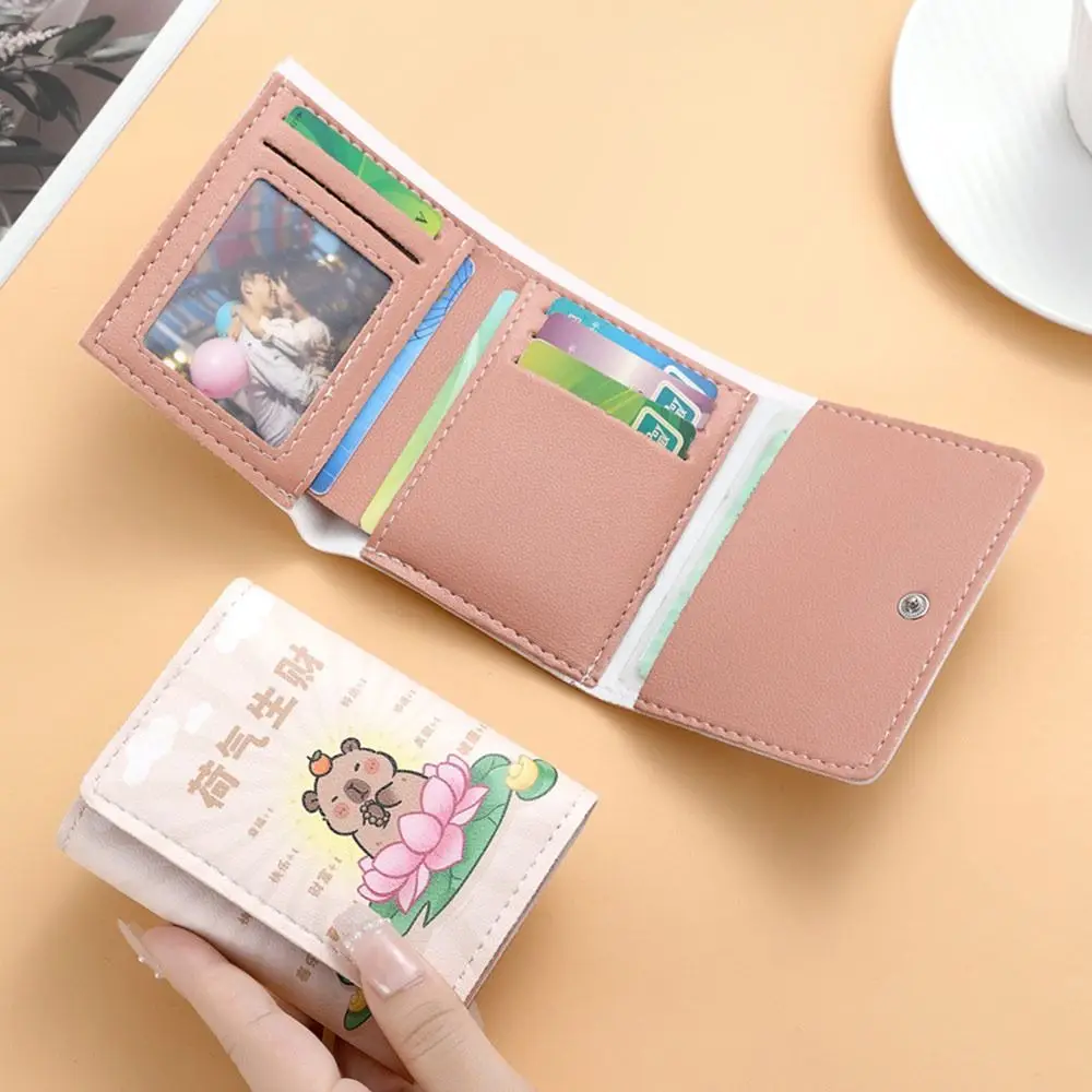 New Foldable Cartoon Capybara Purse PU Leather Lightweight Card Bag Multi-Pocket Storage Cute Wallets Women Girls