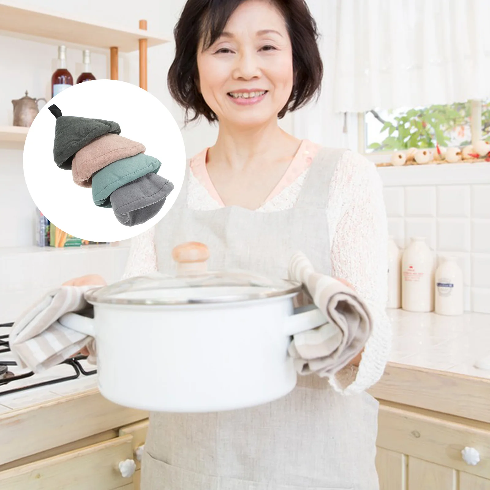 

4pcs Triangle Pot Caps Heat Proof Cover Microwave Oven Kitchen Grip Covers Reusable Cotton Material Household Supply Kitchen