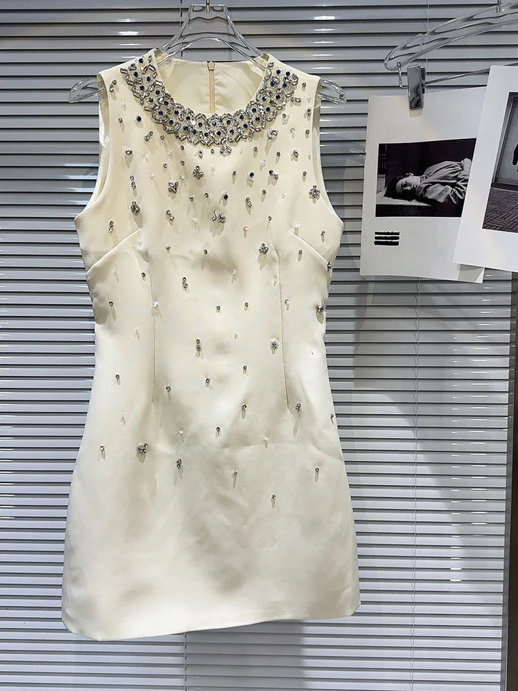 Newest 2024 Fashion Stylish Designer Women\'s Luxury Rhinestone Diamonds Beaded Sleeveless Dress