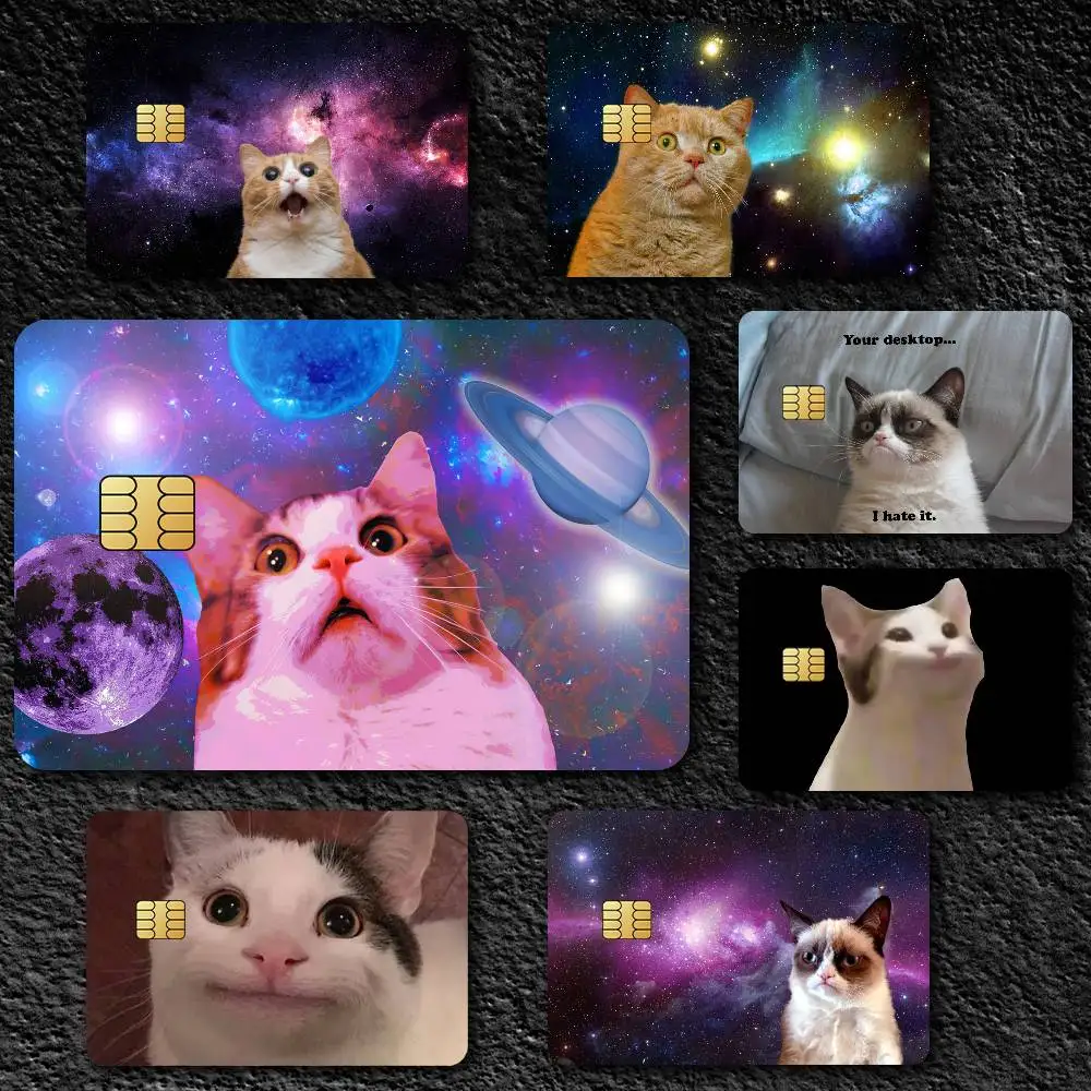 Divertidos pegatinas holográficas de piel de tarjeta de crédito con Meme de gato para tarjeta bancaria, autobús, Metro, pegatina de tarjeta, regalo impermeable
