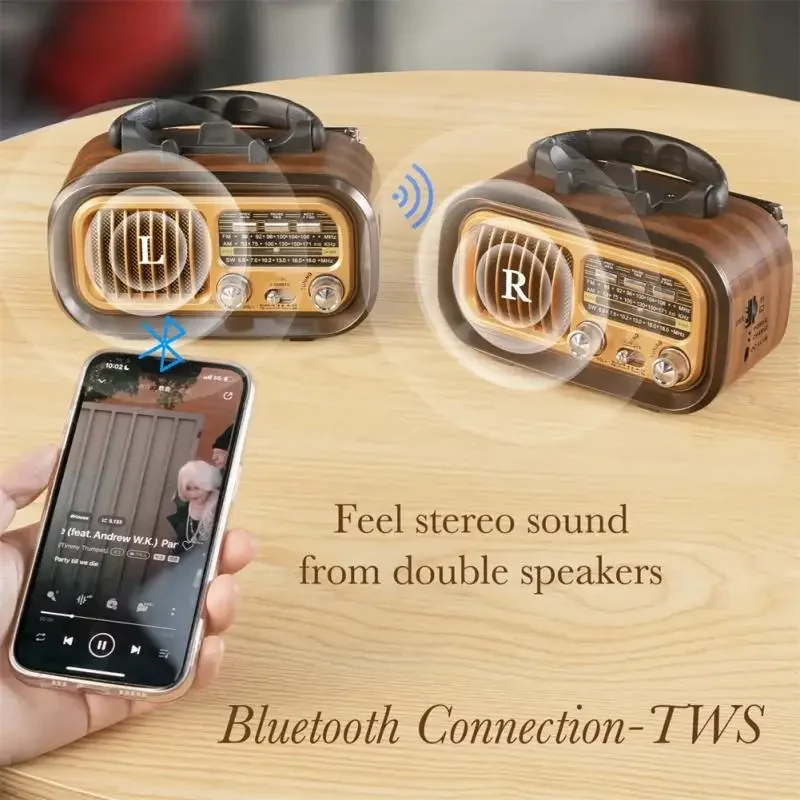 Stereo Bluetooth-compatible Speaker Solar Panels AM FM Portable Radio USB Rechargeable Vintage 3 Band Large Tuning Knob Radio