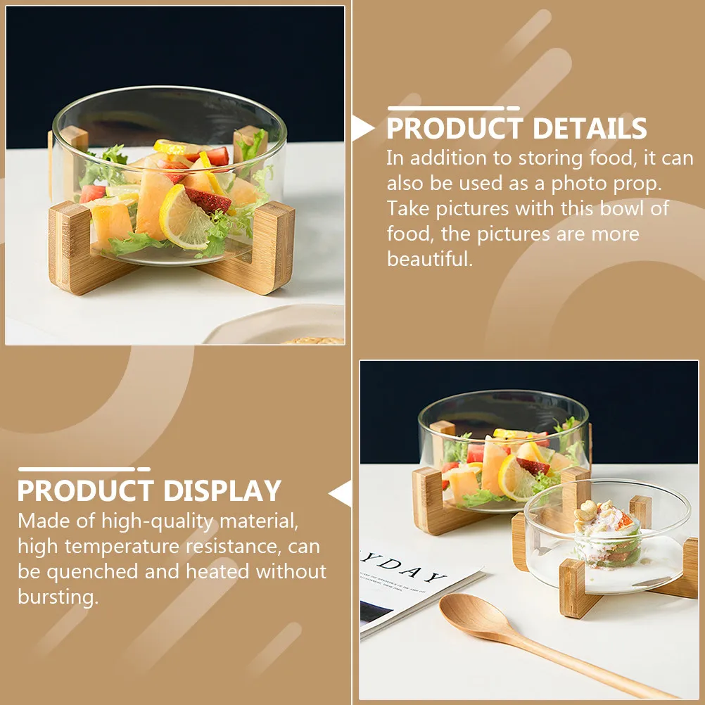 

Glass Salad Bowl With Wooden Base High Temperature Resistant For Fruit Noodle Vegetable Storage Kitchen Home Use Dinner