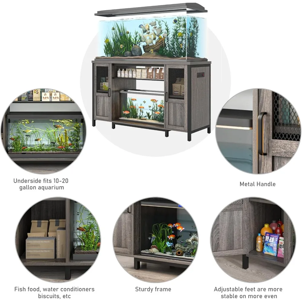 55-75 Gallon Fish Tank Stand with Power Outlet&LED Lights, Heavy Duty Metal Aquarium Stand for 2 Fish Tank Accessories Storage,