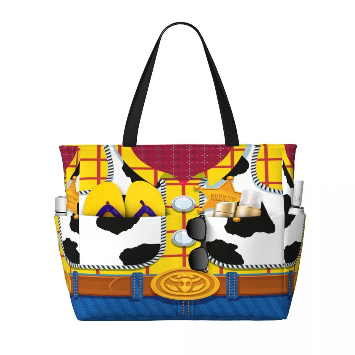 

Custom Large Toy Story Woody's Sheriff Outfit Tote Bag Women Cartoon Shopper Shoulder Beach Gym Travel Bag