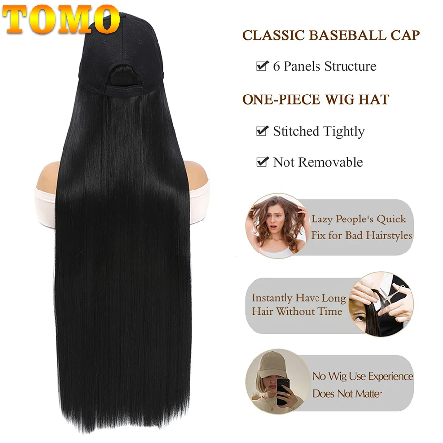 TOMO-Casquette de Baseball avec Extensions de Cheveux pour Femme, Postiche Synthétique, 32 en effet, Réglable, Longue et Droite, Perruques de Remplacement au Chapeau