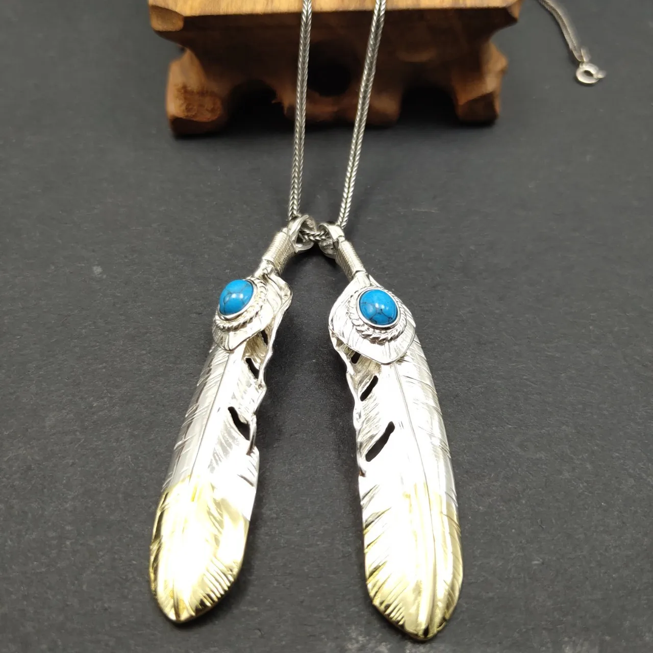 Japanese 925 sterling silver with turquoise dot gold feather pendant trendystylish men's and women's sweater chain pendant