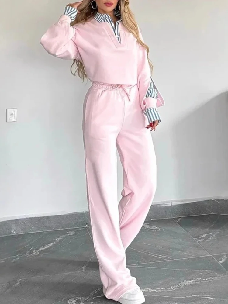 Lässiges Rosa Sportanzug-Set für Damen, Kapuzenpullover mit Langen Ärmeln, Elastische Taille mit Kordelzug, Gerade Hose, Herbst-Outfit