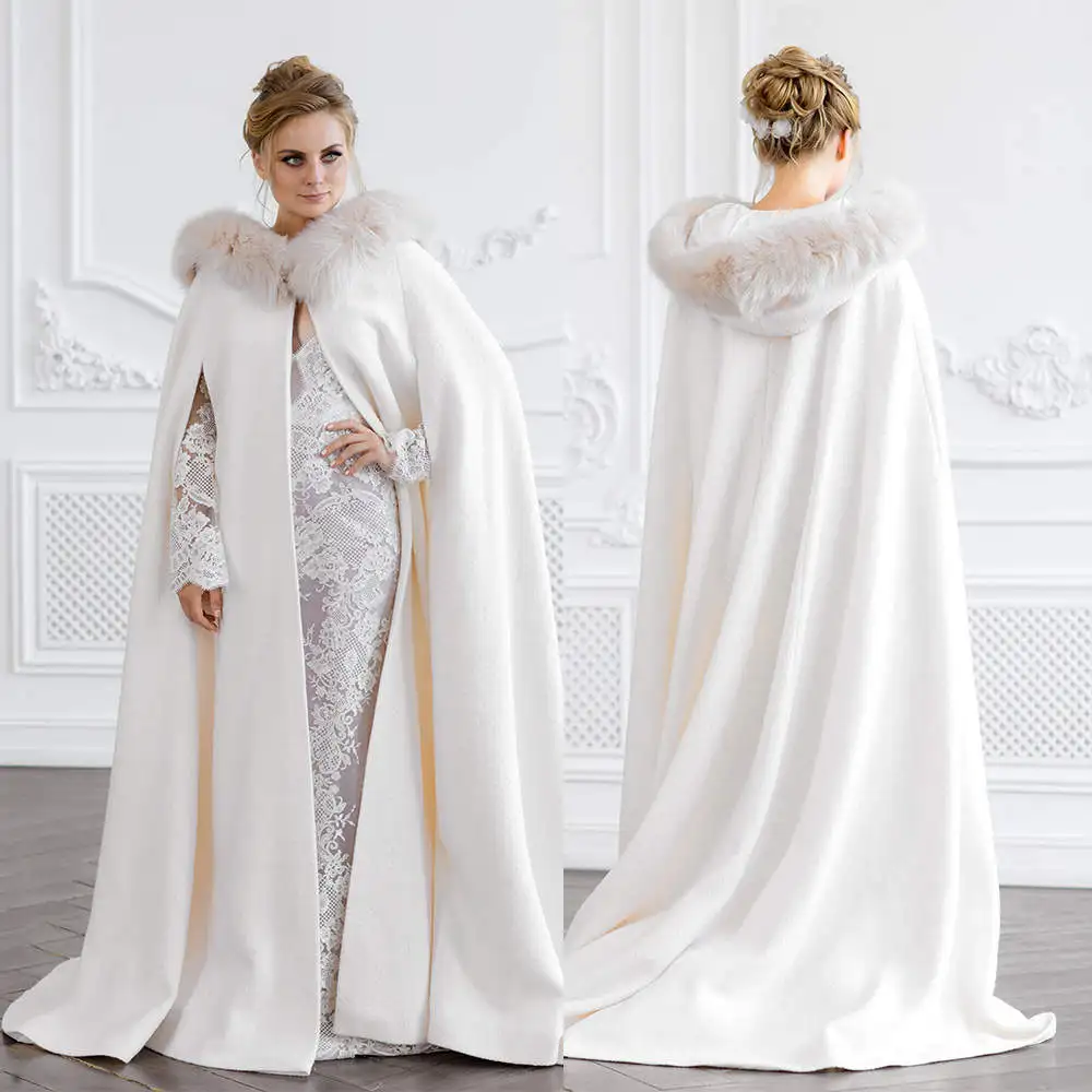 

Winter Warm Customized Bridal Capes with Fur Wedding Cloak Women Long Bride Bolero Split Wedding Wrap Jacket