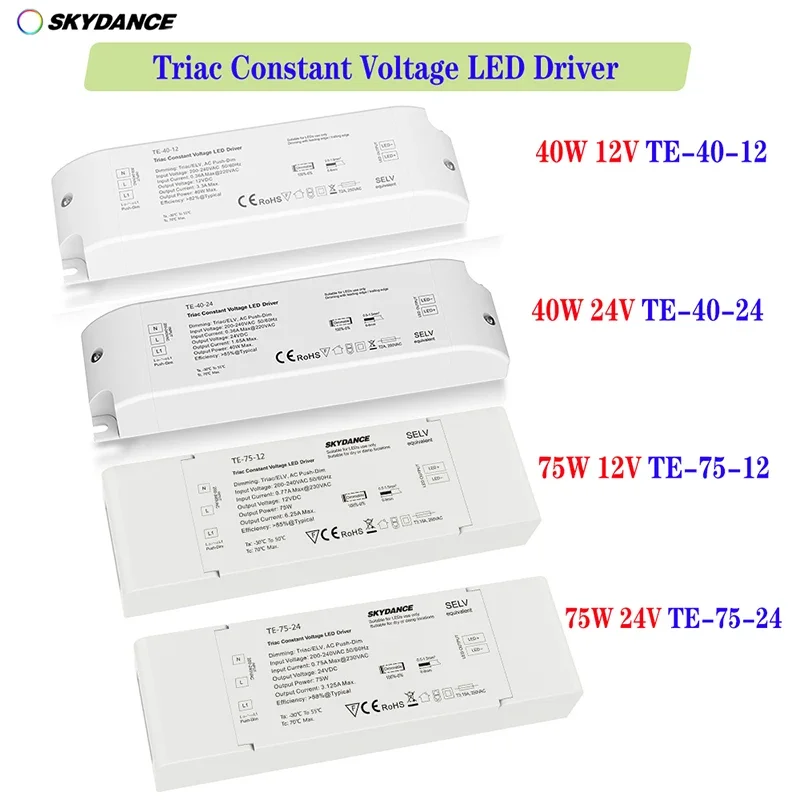 Skydance LED Triac Dimming Driver 40W/75W 12V 24V Constant Voltage PWM Digital Dimmable Triac/ELV, AC Push-Dim