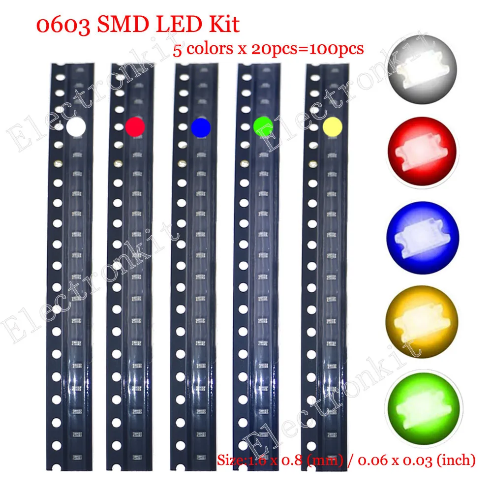 100pcs SMD LED Kit 0402 0603 0805 1206 1210 5730 5050 Red/Green/Blue/White/Yellow led diode set package 5 Colors Each 20pcs