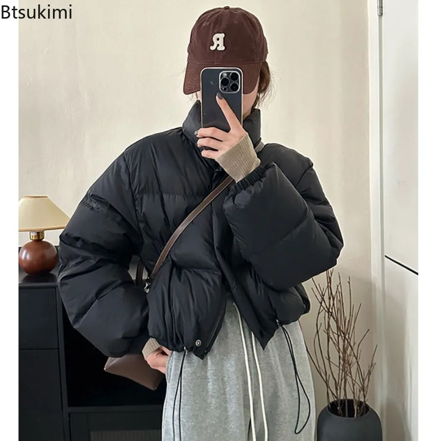 Women Stand-up Collar Short Style Cotton-padded Jacket Autumn Winter Solid Warm Top Female Zipper Long Sleeves Loose Bread Coat