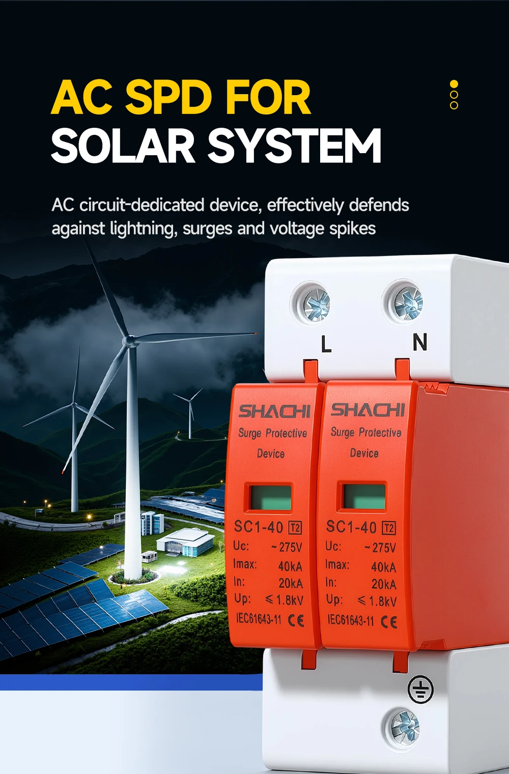 SHACHI AC SPD 2P 20-40KA 30-60KA 275V 385V Haus-Blitzschutzgerät Niederspannungs-Überspannungsableiter – Detail 4