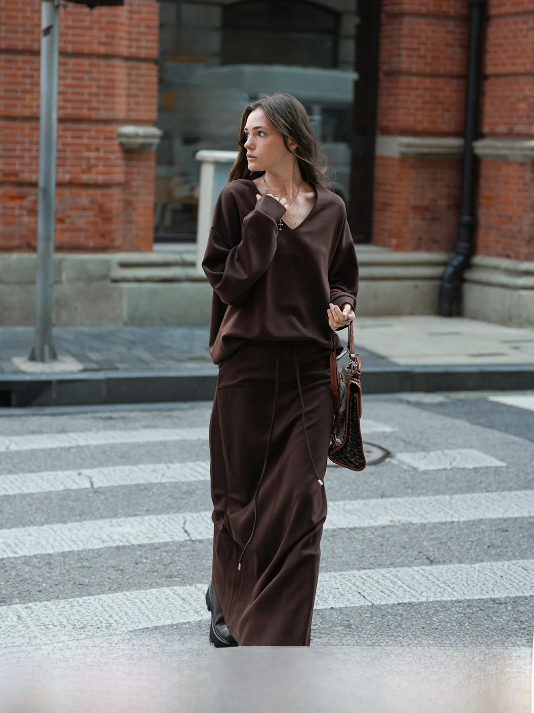 

Luna7xi Fashion Color Block Short Dress And Top Set Women's Autumn Winter New Style Two-Piece Set Versatile Coffee Color