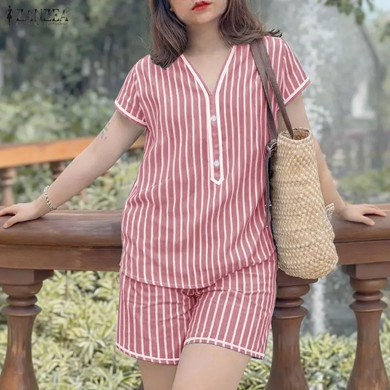 

Women Striped Short Suits Summer Short Sleeve V-Neck Blouse & Elastic Waist Shorts 2 Pieces Sets ZANZEA Casual Loose Outfits