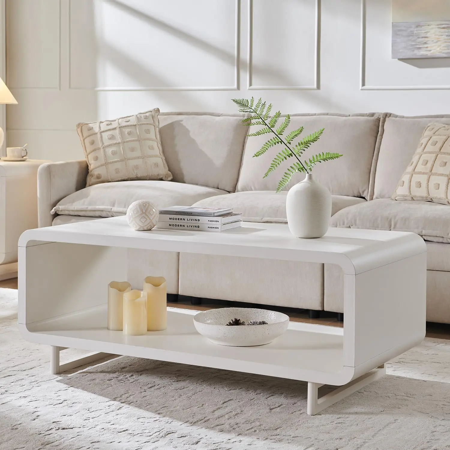 

48" Modern Coffee Table, 2-Tier Minimalist Center Table with Storage Shelf, Curved Profile Design, Wooden, Customized