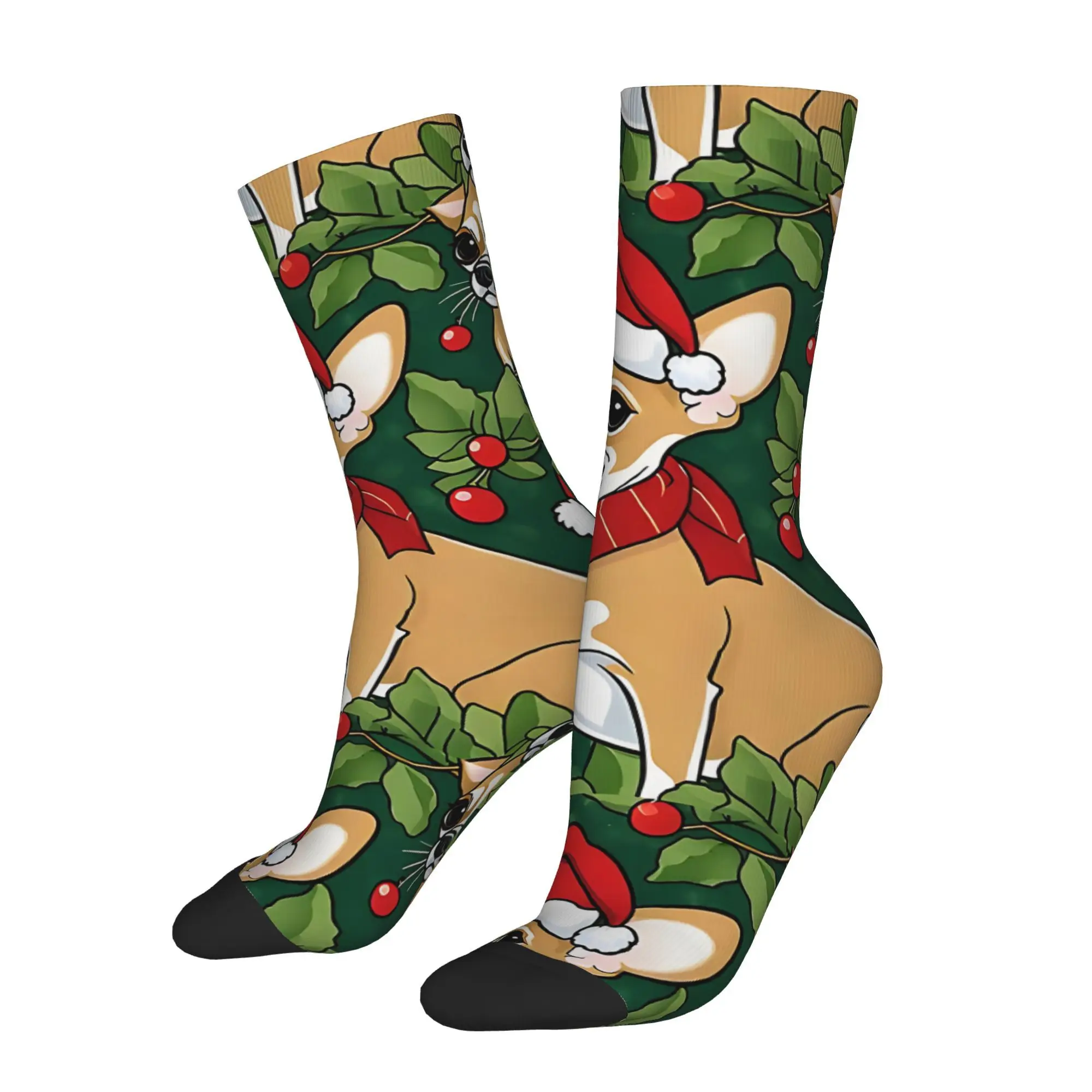 Cute Dog Polyester Blend Crew Socks Festive Chihuahua Christmas Crew Socks Fun Quirky Hip Hop Style, Seamless Design