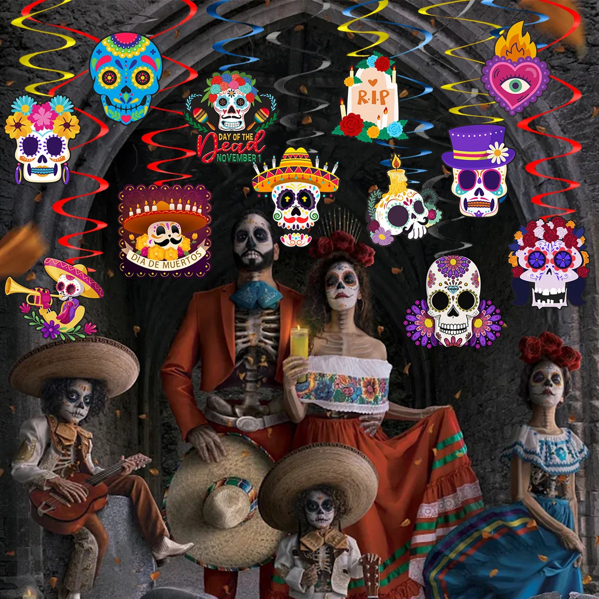 

12Pcs Mexican Day of the Dead Themed Party Decoration Spiral Pendant Ghost Festival Skull Spiral Wholesale