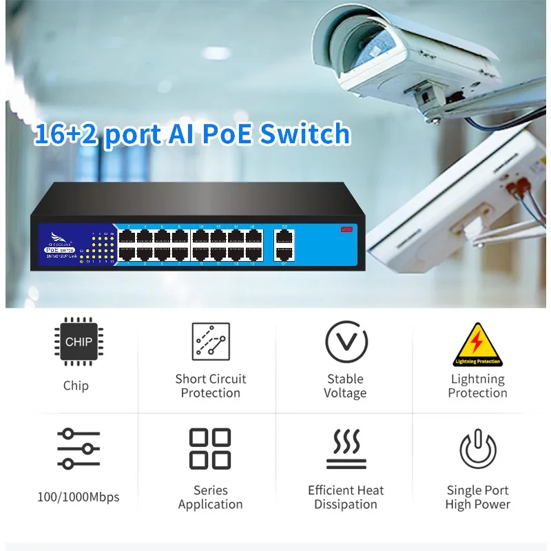 16+2 100/1000M PoE Network Switch IEEE802.3af/at Standard 52V/5A 260W Single Port Maximum Power 30W