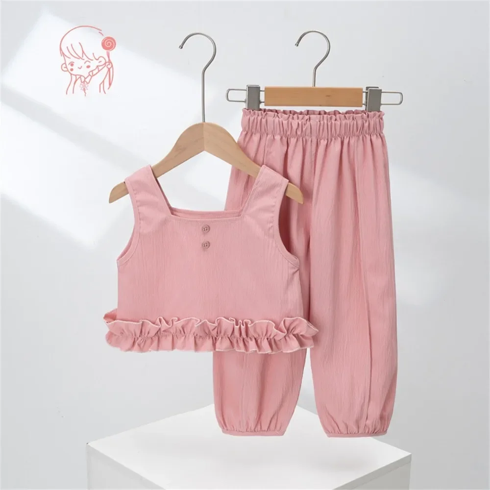 Girl's Suit 2024 Baby Girl's Summer Rolled Lace Sleeveless Top + Shorts Casual Two-piece Set Little Girl Kids