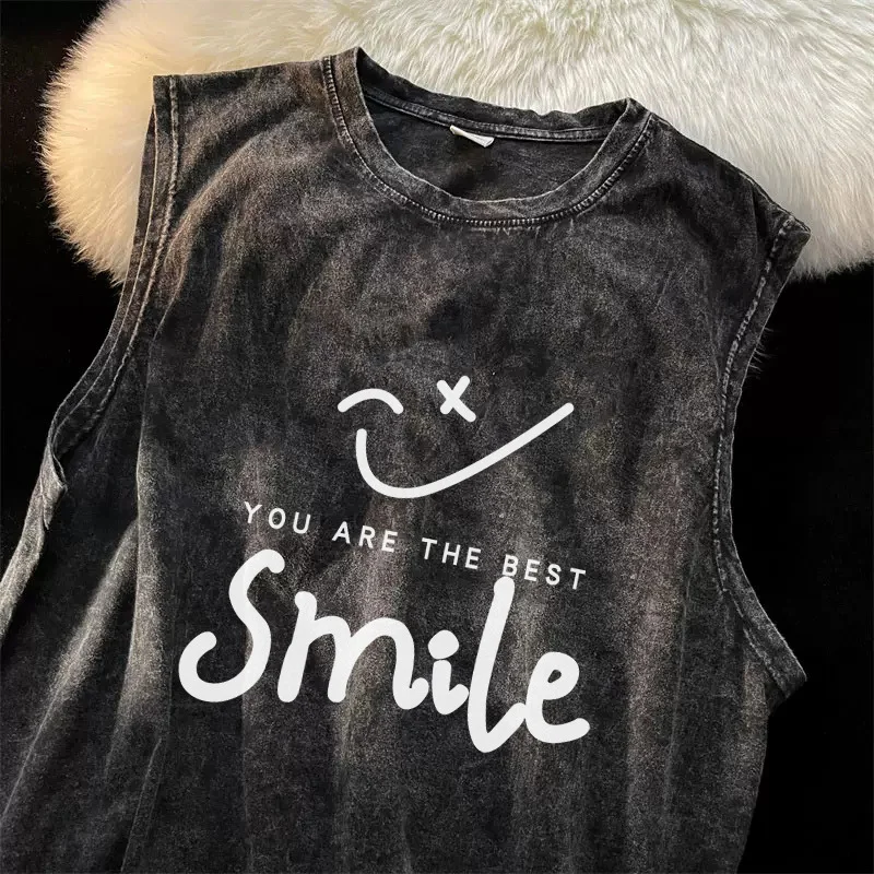 

Vintage Oldschool Distressed Wash Men's Sleeveless Vest Smile Quote Graphic Casual Tank Unisex Streetwear Sexy Tops Oversized