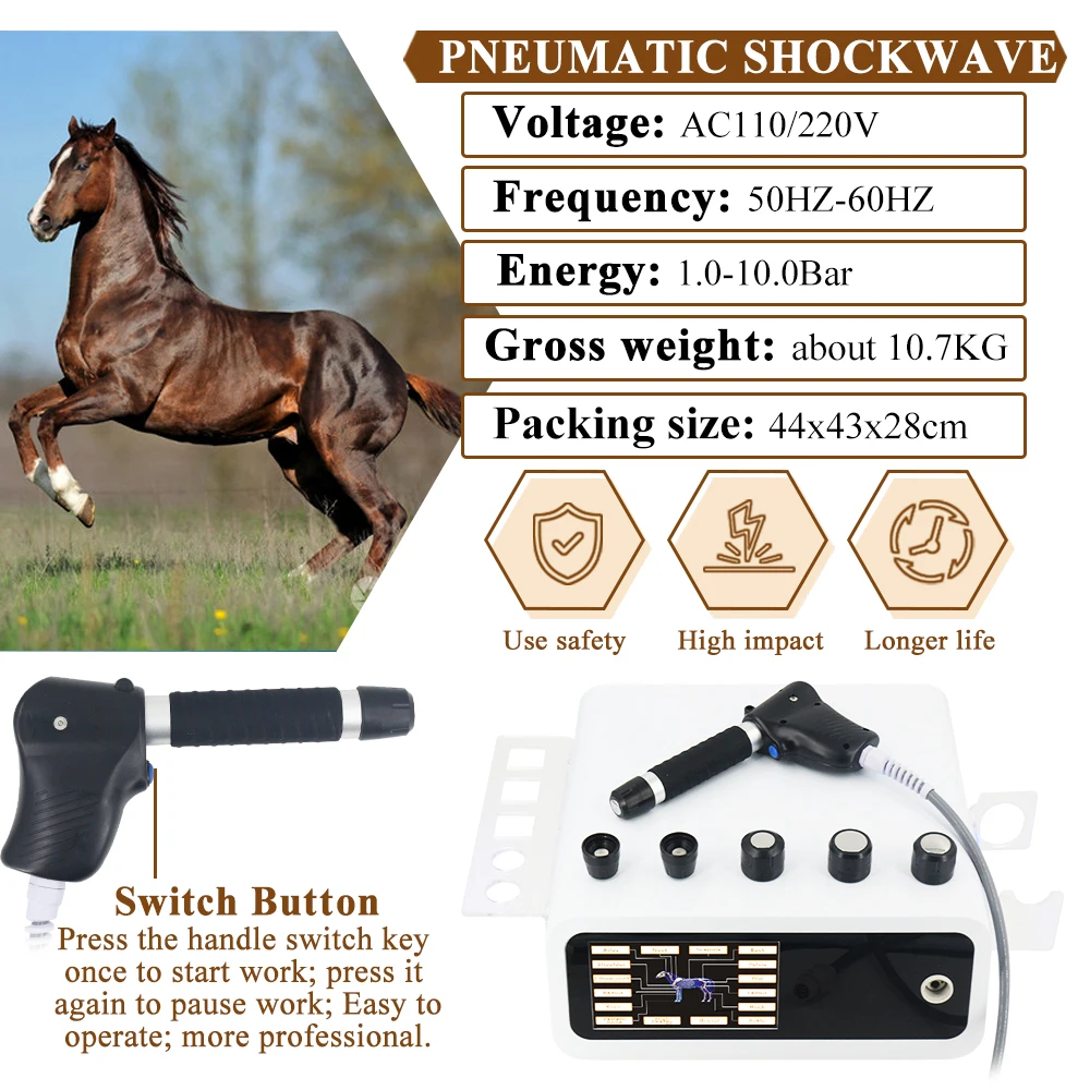 Nova máquina pneumática de ondas de choque 10bar para alívio da dor e tratamento de lesões de tendão animais profissionais massageador de ondas de choque uso de cavalo