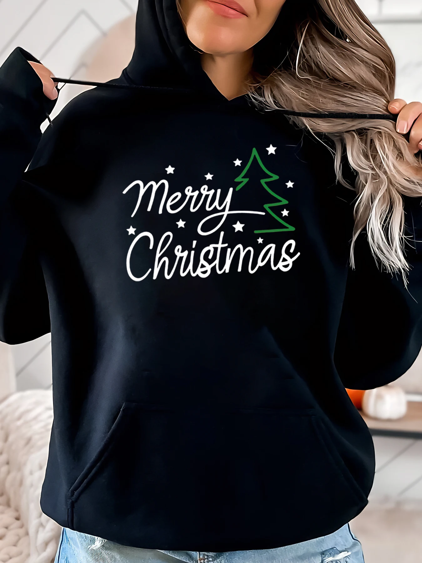 Sweat à capuche imprimé joyeux arbre de noël, tenue décontractée pour femmes, noir, grande taille