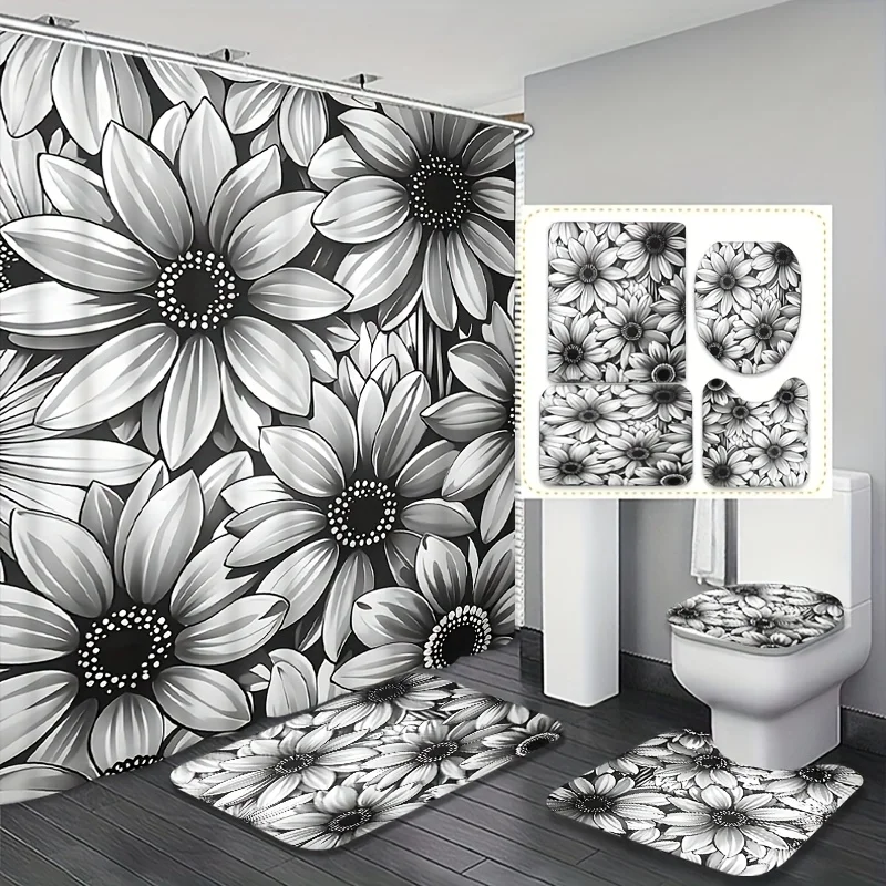 

4pc Black and white floral patterned bathroom set, including shower curtain, U-shaped mat, non-slip mat and toilet seat cover.