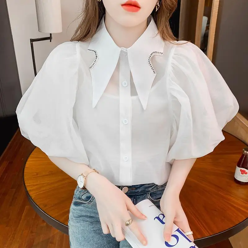 Korean Style Beads Rhinestones Pointed Collar Puff Sleeve Chiffon Shirt 2024 Summer New Fashion Short  Blouse Women Tops