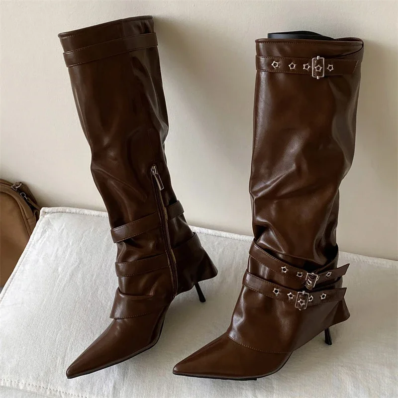 

Eilyken/пикантные женские сапоги до колена из мягкой искусственной кожи с острым носком, уличный стиль, туфли на тонком высоком каблуке с пряжкой и ремешком на молнии