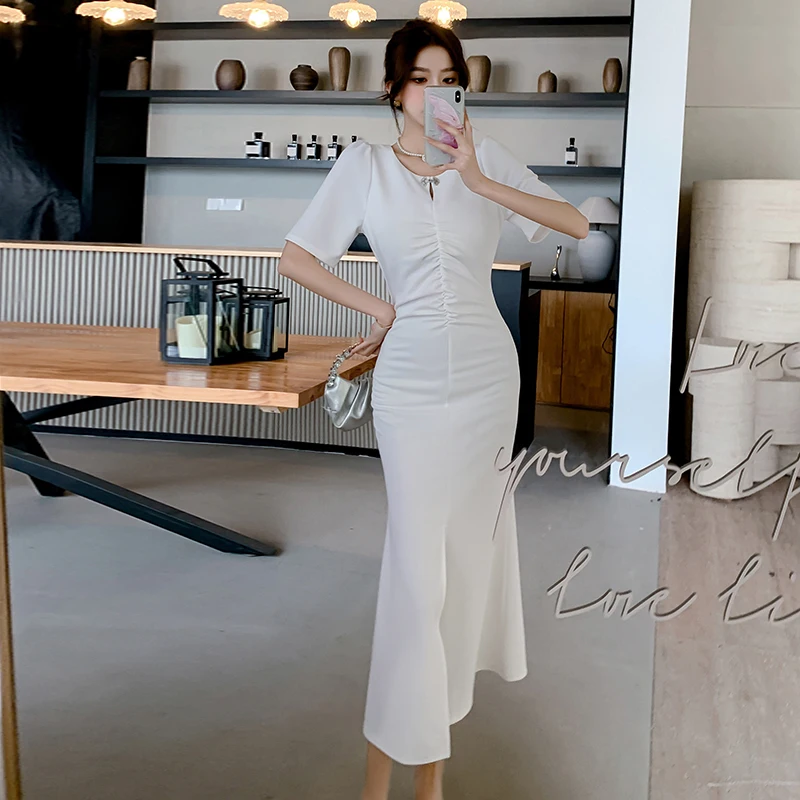 Ofallsis Long White O neck Cheongsam Dress 2024 Summer High end Elegant Short Sleeve Fishtail Chinese Dresses Female Vestidos