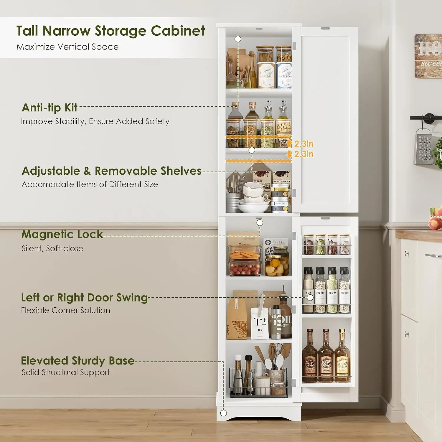 Tall Narrow Storage Cabinet With Reversible Doors Small Kitchen Pantry Cabinet Adjustable Shelves Spice Rack Slim Storage Organizer For Bathroom Living Room Entryway White - view 3