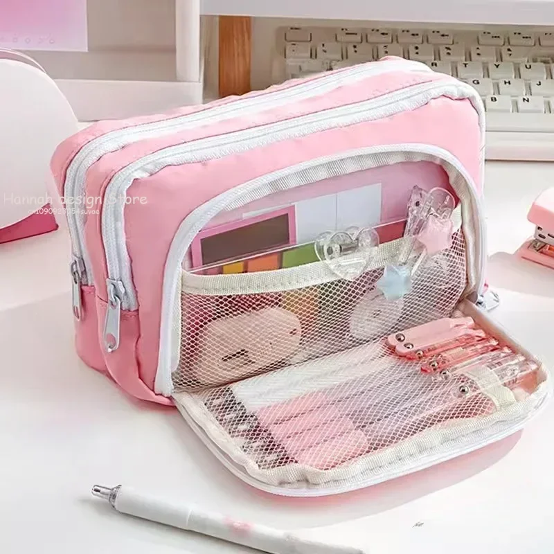 Girls School Supplies Pink Aesthetic Pencil Bag Large Capacity Pencil Cases Cute Korean Stationery Holder Bag Zipper Pencil Case