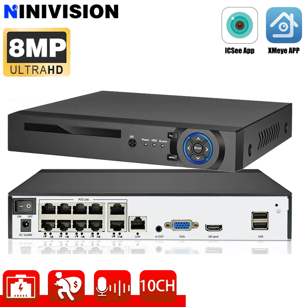 10CH 8CH 4K 8MP POE NVR XMeye Face Detection Video Recorder For Poe PTZ IP Cameras Video Surveillance System Security Protection