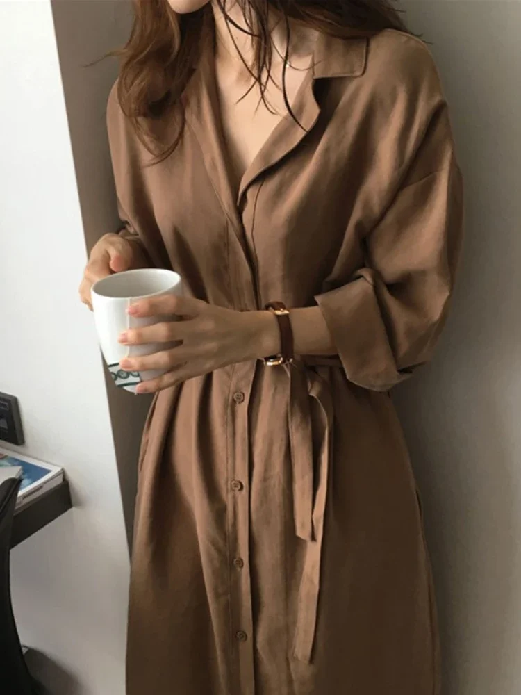 Long skirt lace-up V-neck style slouchy pre-fall shirt dress