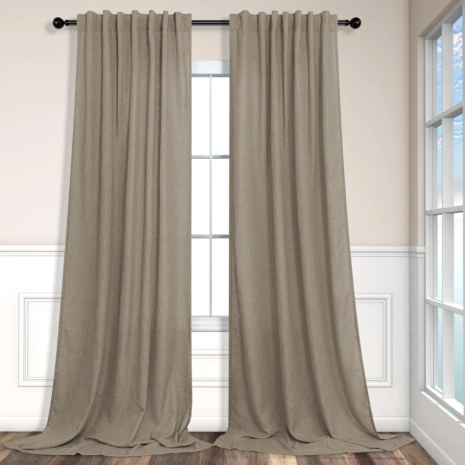 Cortinas de Lino Color Taupe Oscuro de 108 Pulgadas de Largo, Semitransparentes para Sala de Estar, Diseño con Lengüetas Traseras, Estilo Rústico