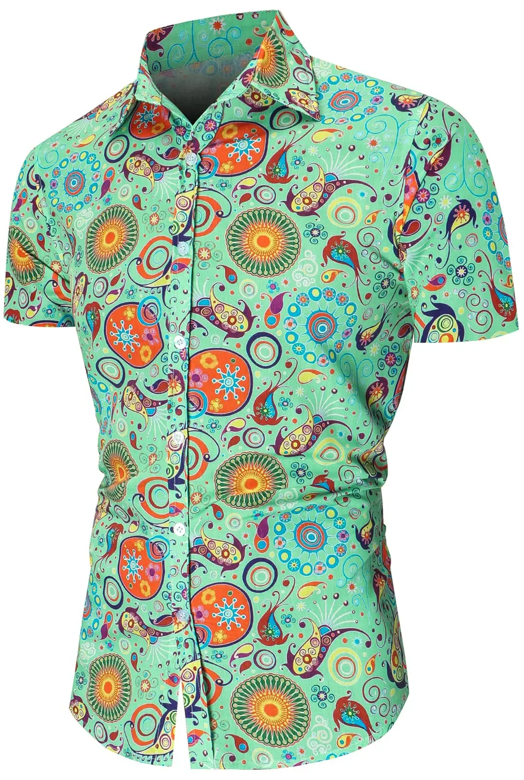 Spring New Mens 70s Disco Party Shirts Casual Paisley Button Down Shirt Vintage Floral Hawaiian Beach Short Sleeve Lapel Shirt