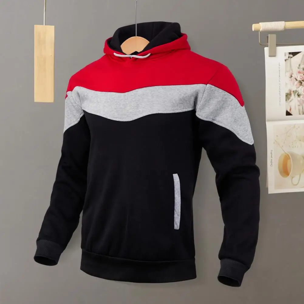 

Men Hoodie Men's Colorblock Drawstring Hoodie with Thick Plush Long Sleeves Big Pocket Retro Style Casual Sport Top for Fall