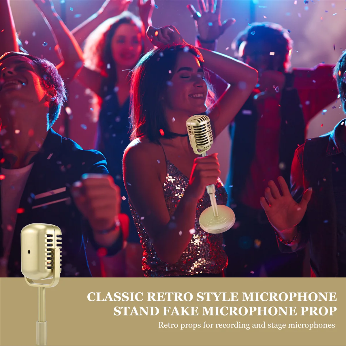 Vintage Desktop Microphone Prop Model with Adjustable Height, Classic Retro Style Microphone Stand Fake Mic Prop,Gold