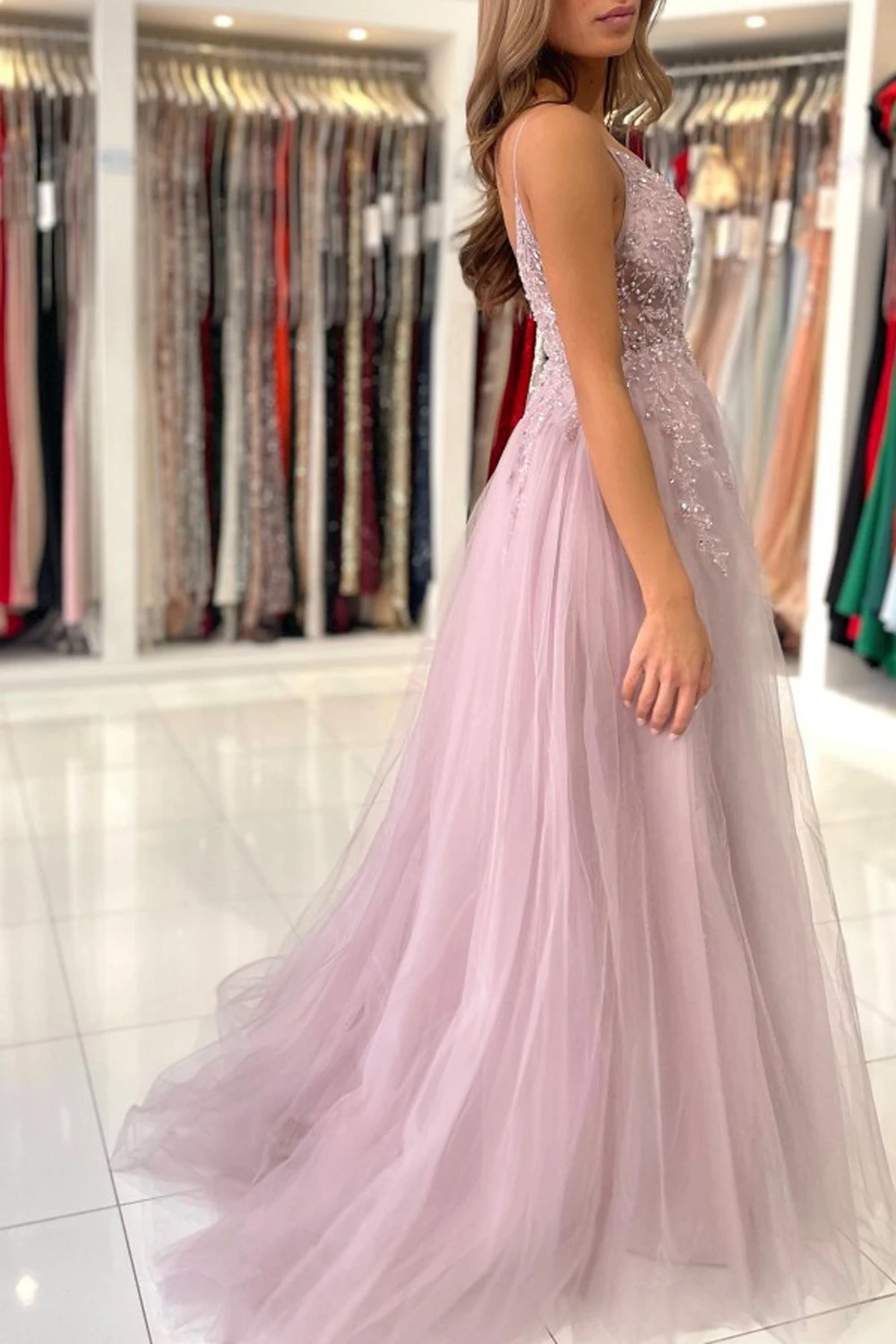 Spaghetti Strap Sparkly paillettes Beadings abiti da sera per le donne 2023 Pink Soft Tulle Party Gown High Split A Line senza maniche